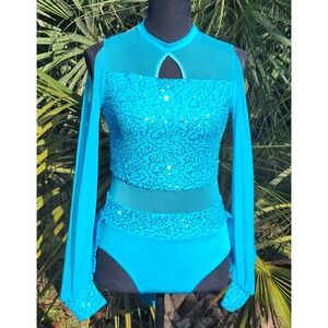 Teal Blue Sequin Dance Leotard Skater Skirt Sleeves GirlXL/WomenS Weissman *flaw